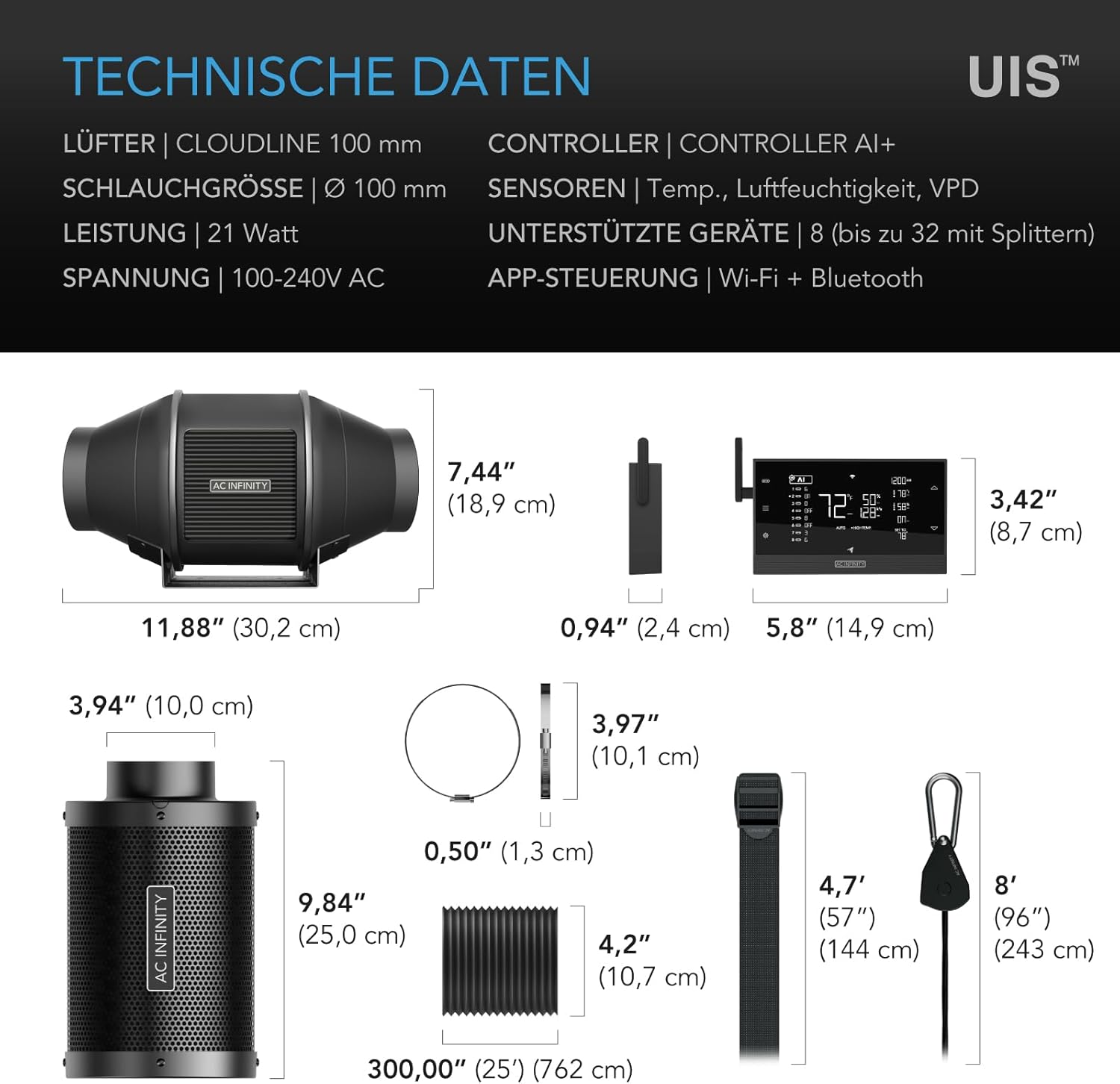 AC Infinity Luftfilter-Set PRO 100 mm – Abluftventilator mit Controller AI+, automatischer Leistungsanpassung, Aktivkohlefilter und Schlauch für Growzelte, Hydrokulturen und Indoor-Gärten