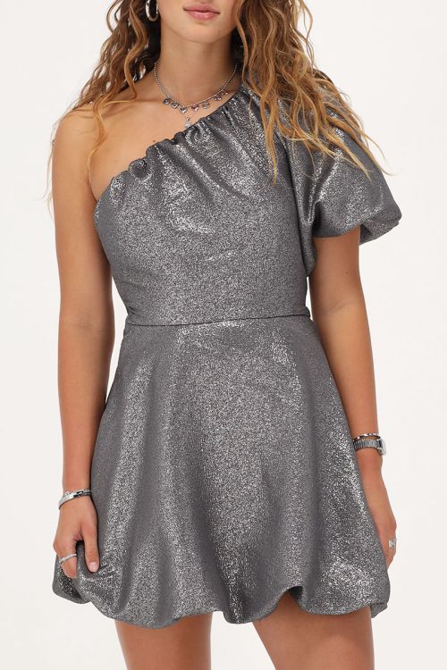 Grijze one-shoulder jurk met lurex & ballonmouwen