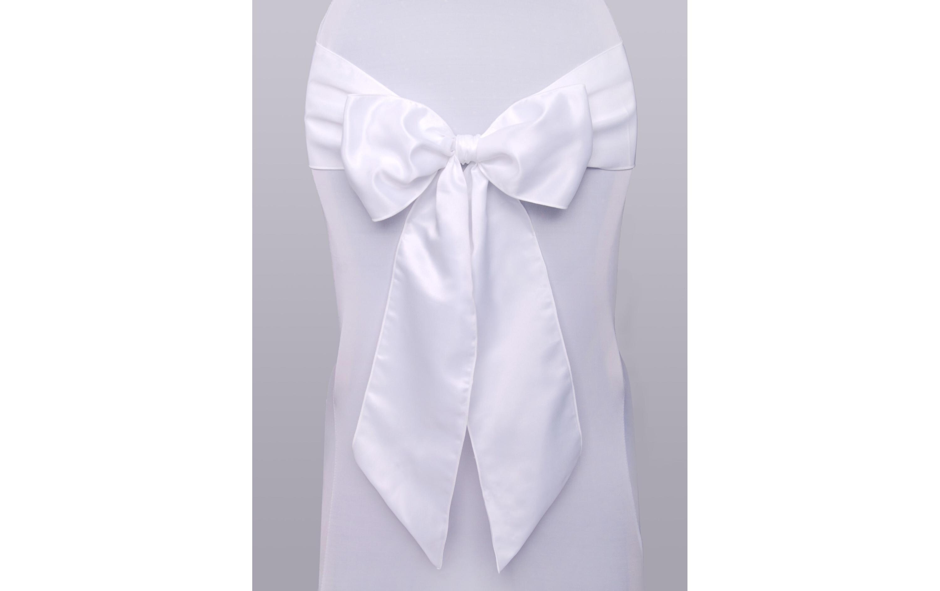 Hochzeitsaccessoire Stuhlschleife Satin 15 x 275 cm, WeissStuhlschärpe für den gedeckten Tisch an der Hochzeit und Festen wie Geburtstagspartys oder Silvester