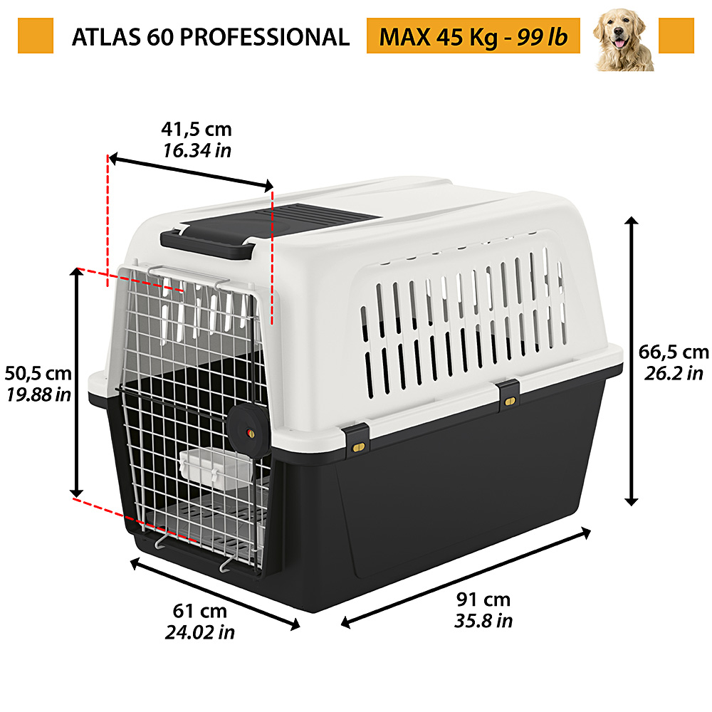 Panier de transport pour grands chiens atlas 60, écuelle et accessoires inclus, verrouillage de sécurité, grilles de ventilation