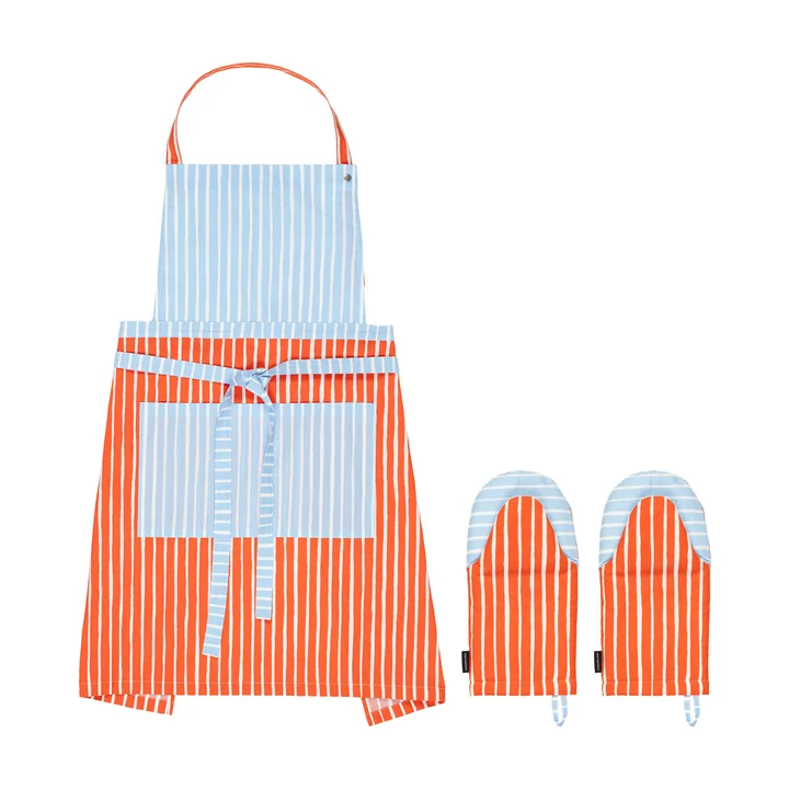 Marimekko - Piccolo Küchenset, Küchenschürze & Ofenhandschuhe, weiss / tomatenrot / hellblau (3-tlg)