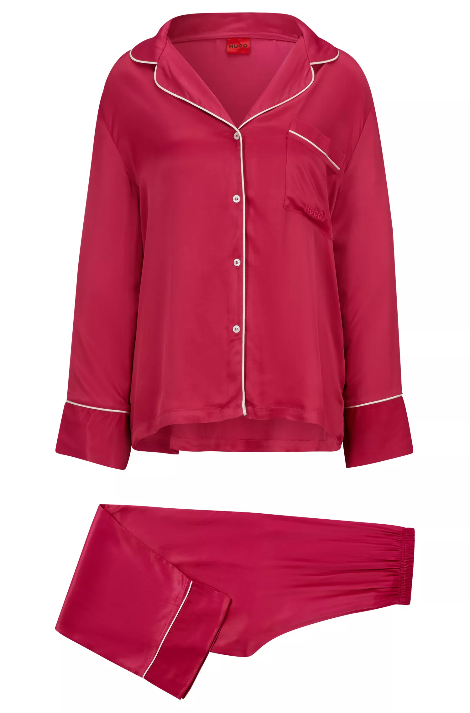 Pijama HUGO vermelho de cetim com modelagem relaxada e detalhes em viés contrastante.