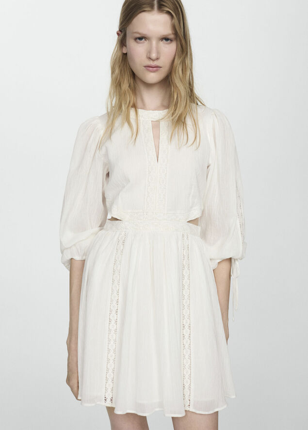 MANGO Lace detail slit dress Natural white