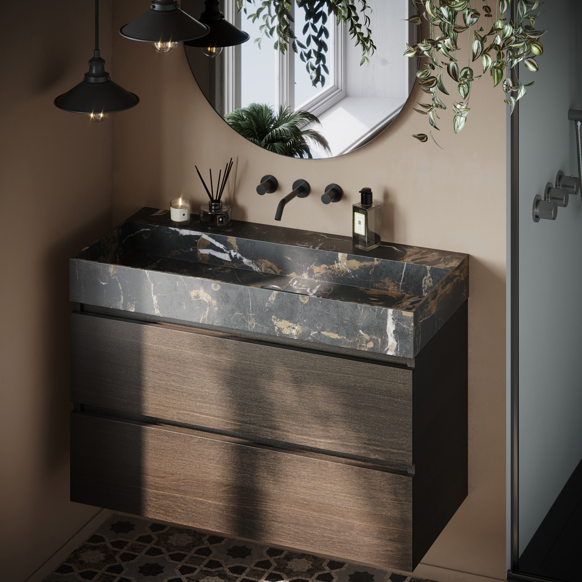 SHOWMODEL: Fontana Portoro Gold badkamermeubel kasteel bruin 100cm zonder kraangat