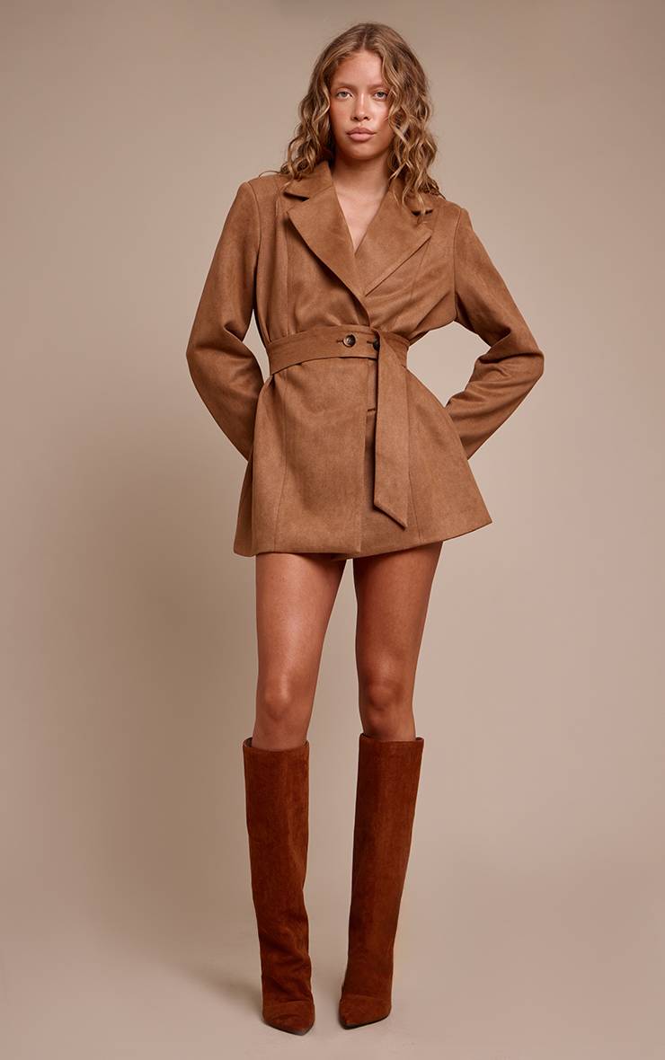 Marron Robe Blazer Ceinturée En Synthétique