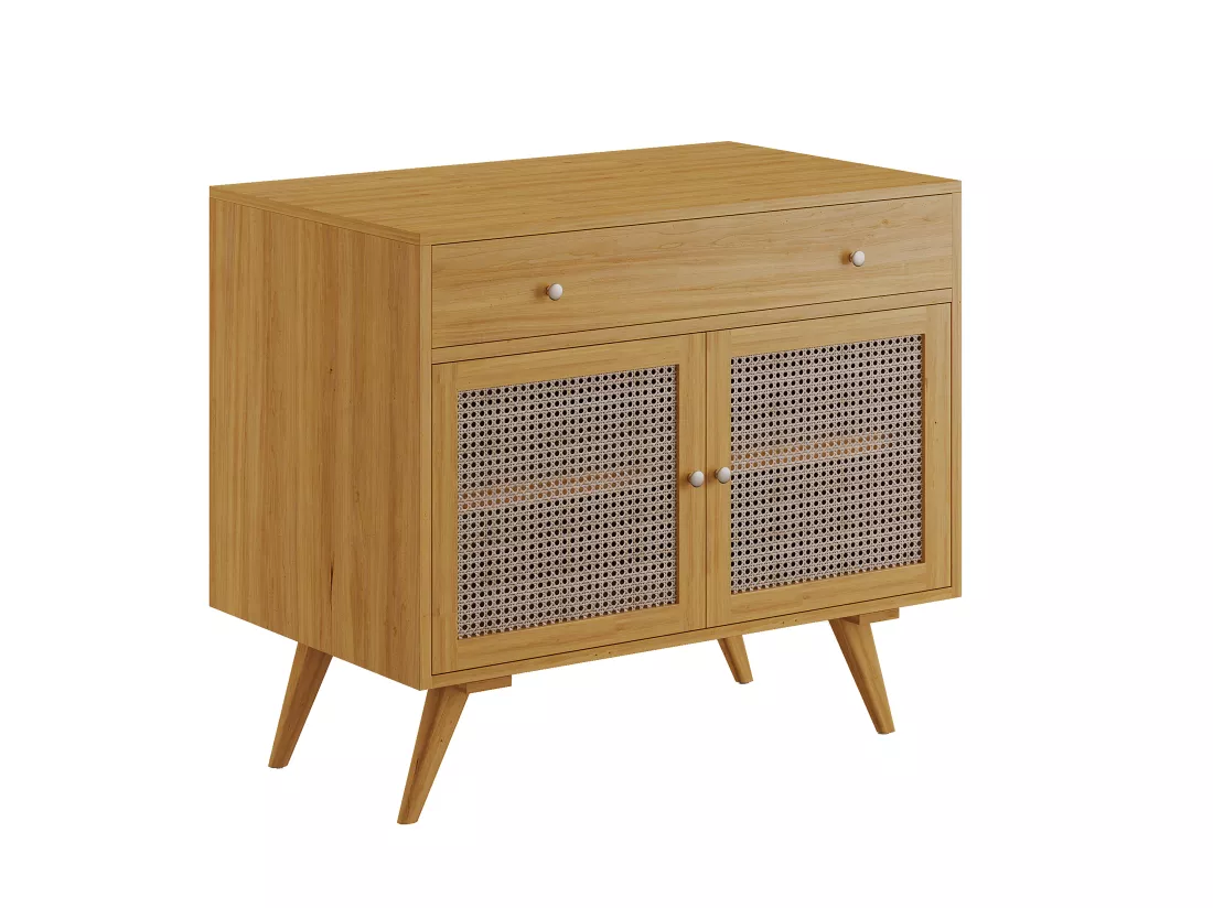 Meuble de salle de bain en teck clair et cannage avec vasque en pierre - 90 cm - MANSULAN