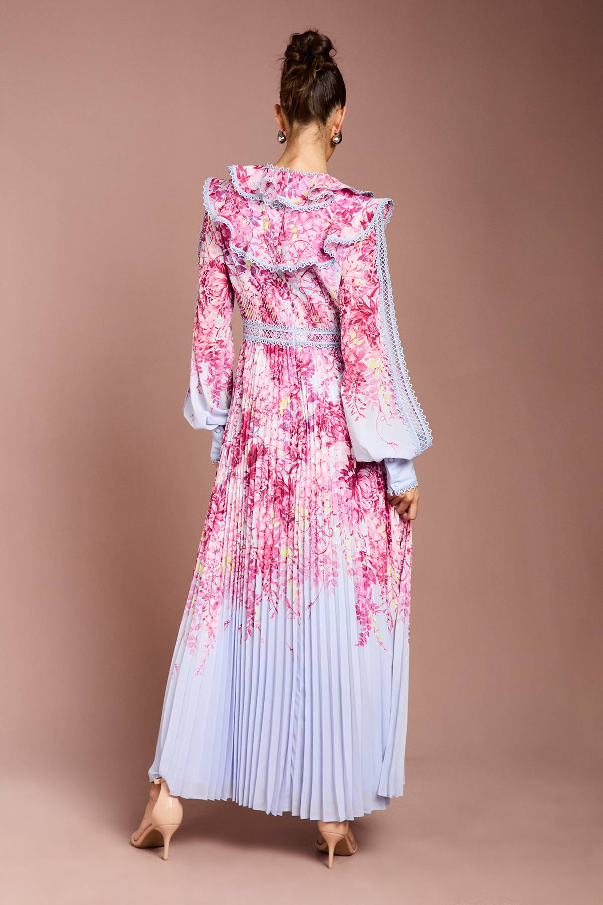 Coast Robe Maxi Plissée à Imprimé Placé et Bordure en Dentelle