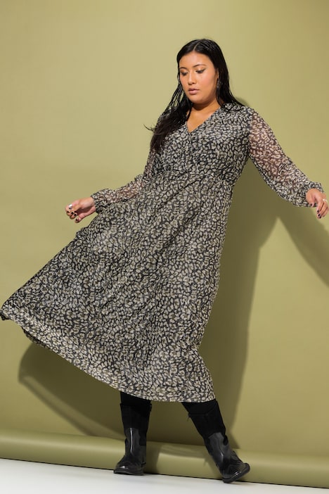 Maxi-Meshkleid, A-Line, Leo-Print, Ballonärmel