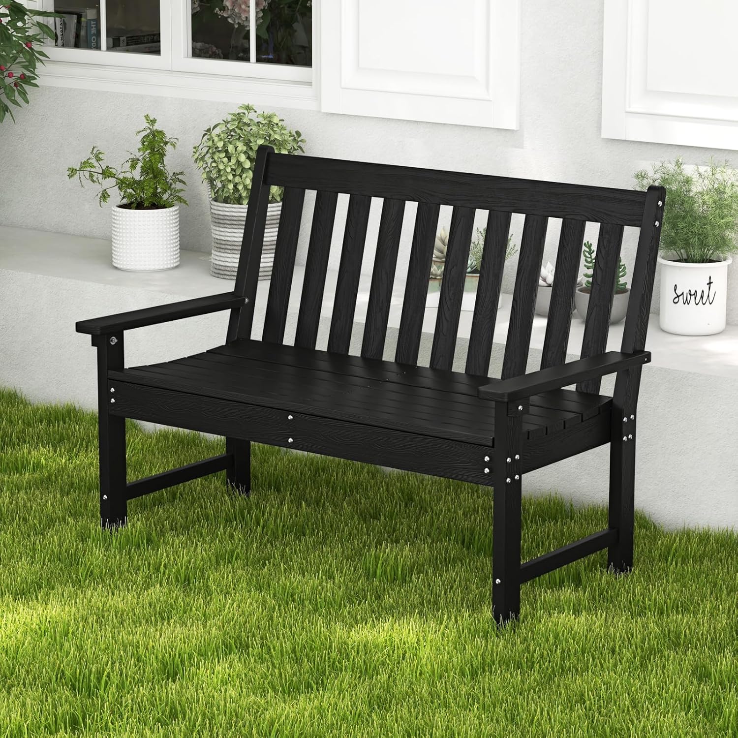 COSTWAY Gartenbank wetterfest, Allwetter-Sitzbank aus HDPE, Parkbank für 2-3 Sitzer, Balkontank bis 320kg belastbar, Terrassenbank für Garten, Balkon und Terrasse, 132 x 65 x 91 cm (Schwarz)
