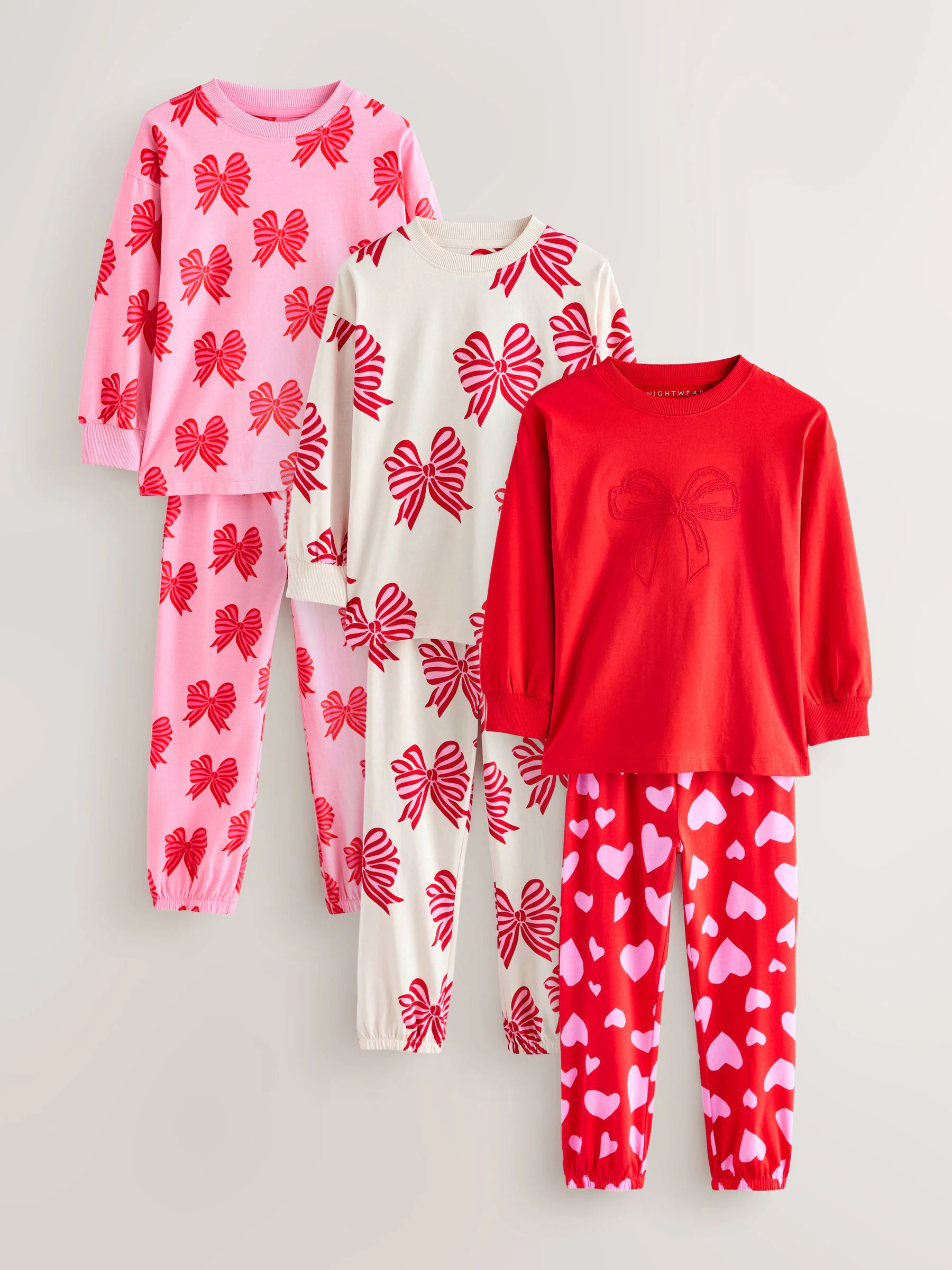 Red Bows/Hearts - Verpakking van 3 pyjama's met joggingbroek (3-16 jr)