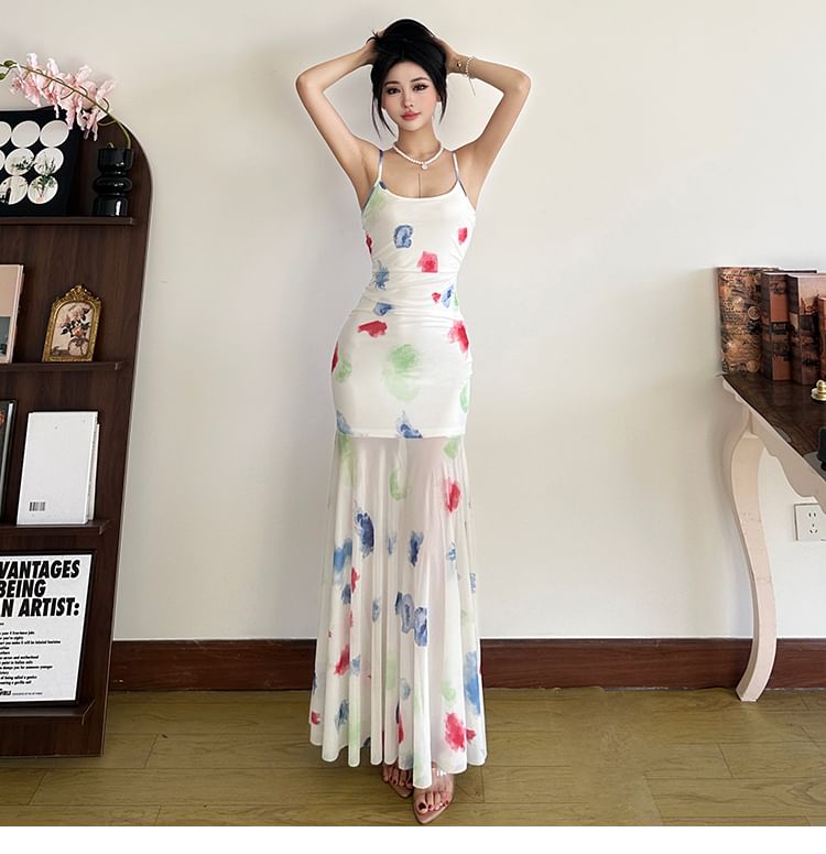 Bababy - Spaghettibandjes bloemenprint mesh maxi-jurk
