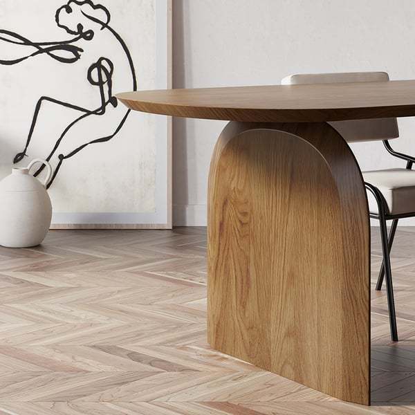 Mesa de jantar com tampo e pedestal em madeira maciça para 6 pessoas.