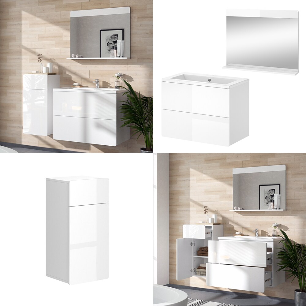 Vicco Badmöbel-Set Izan Weiß Hochglanz modern Waschtischunterschrank Waschbecken Badspiegel Midischrank