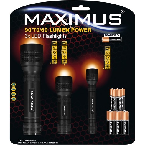 Lampe torche de 60 à 90 lm - de 1 à 3W - IP20 - lot de 3 - noir