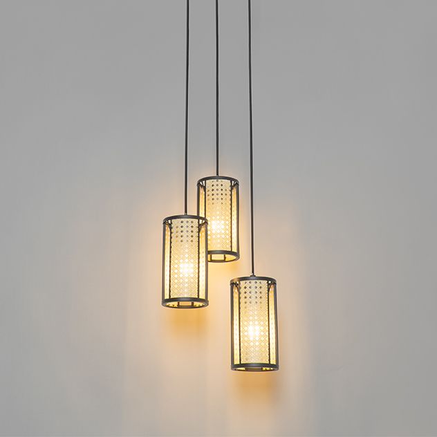 Oosterse hanglamp zwart met rotan 3-lichts rond - Akira