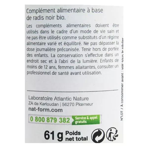 Cápsulas vegetais de rabanete preto orgânico Nat & Form, 200 unidades.