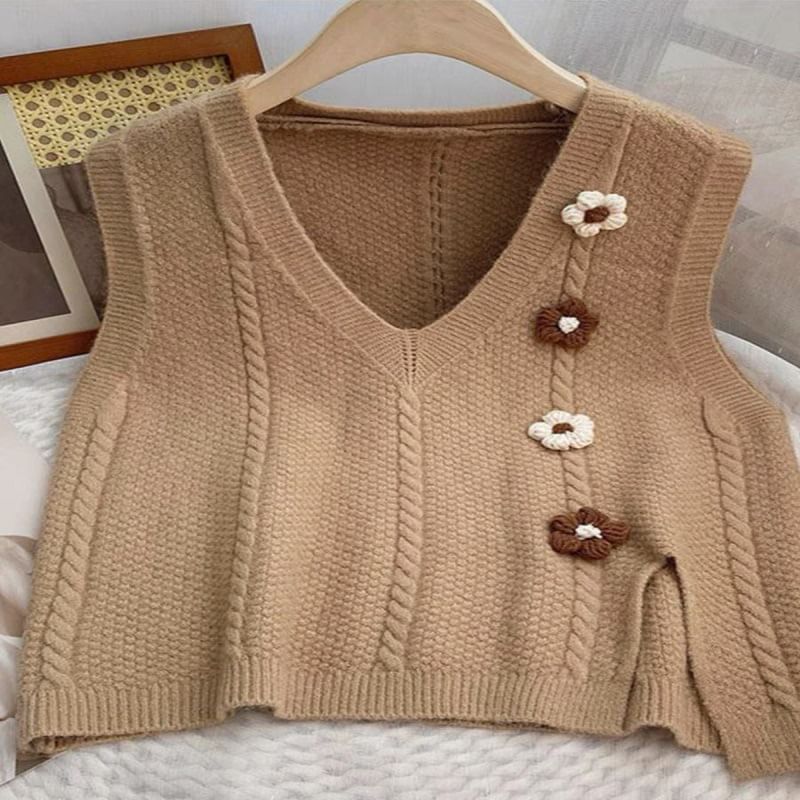 FR - V-hals bloemengebreid vest