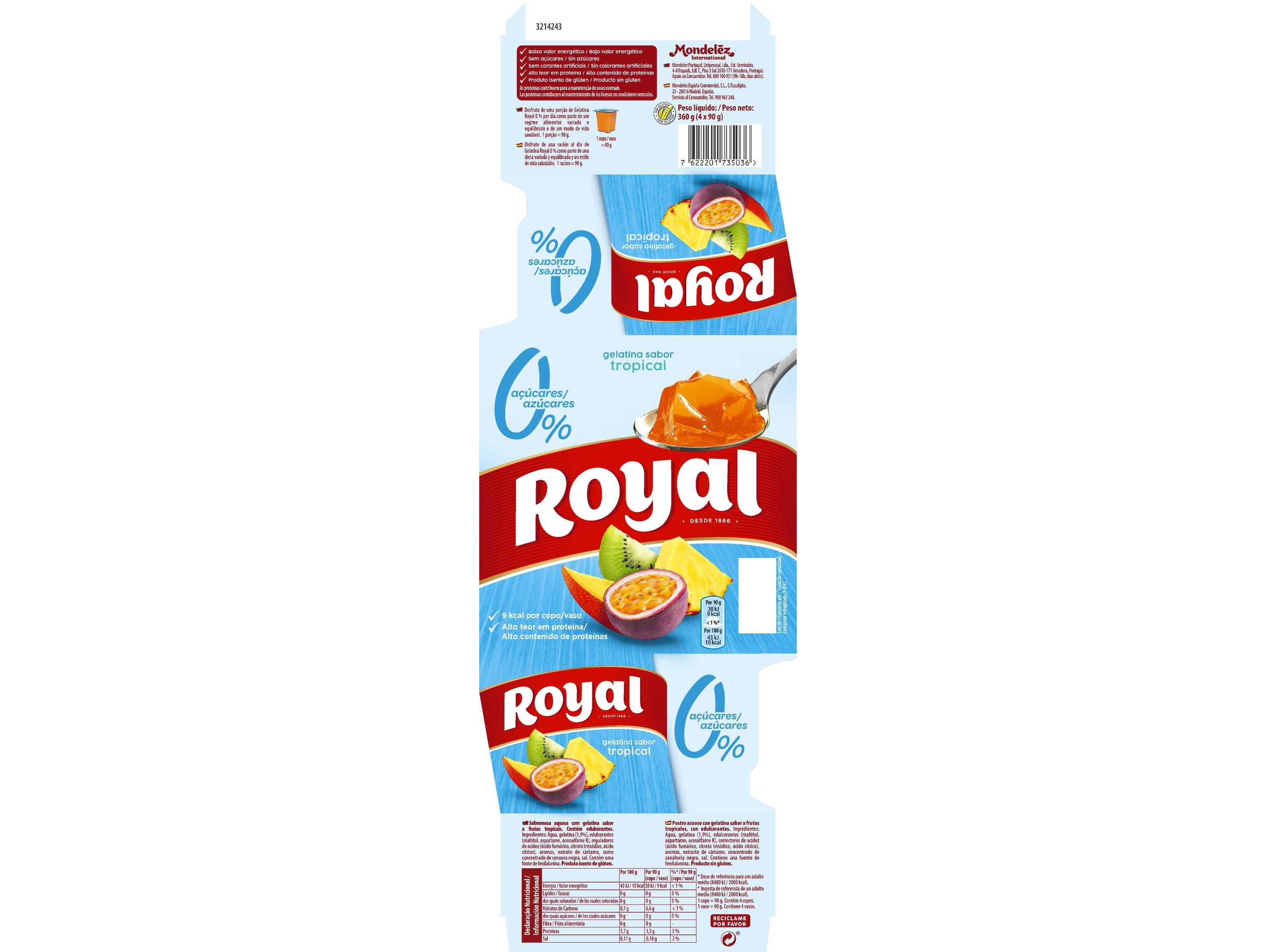 GELATINA ROYAL ZERO TROPICAL 4X90 G
