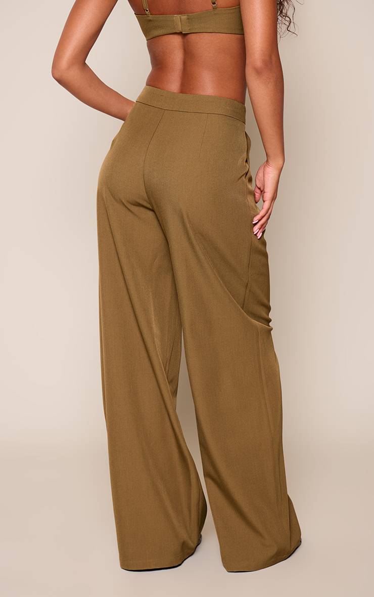 Vert Olive Pantalon Large Plissé Taille Basse Coordonné