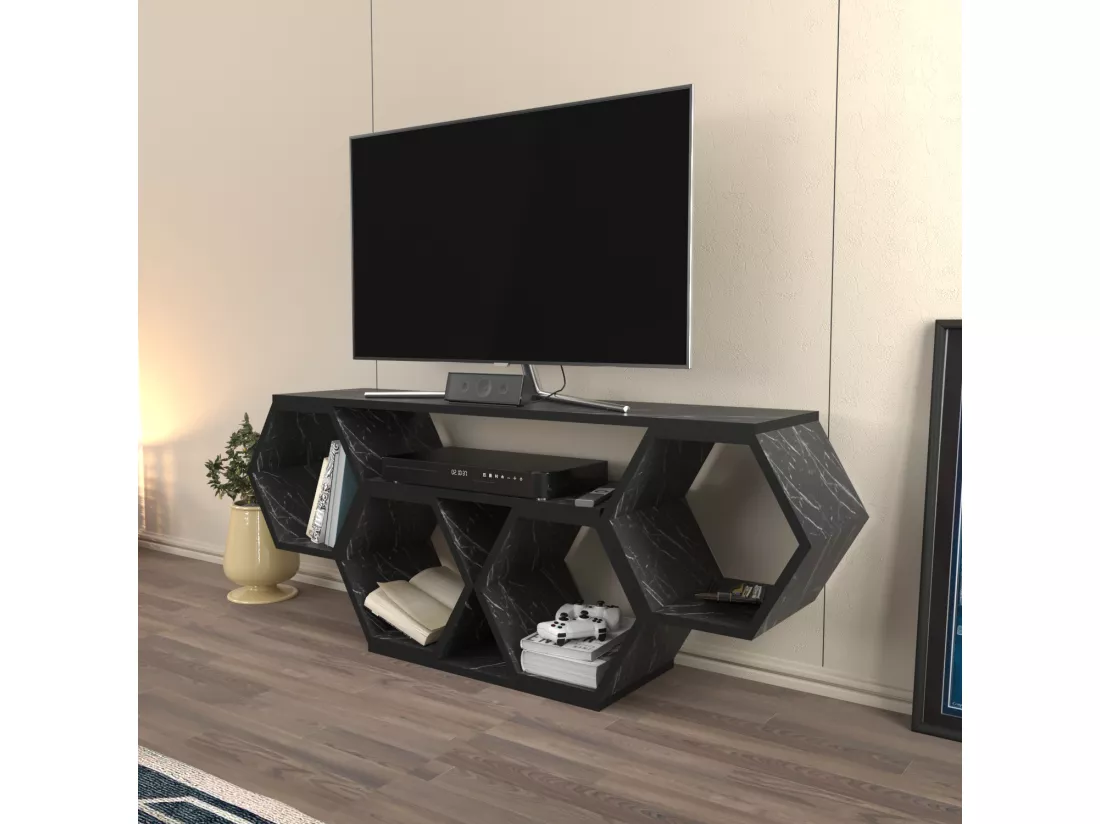 Meuble TV Bal compliments en forme de nid d'abeille, reversible (Effet marbre noir)