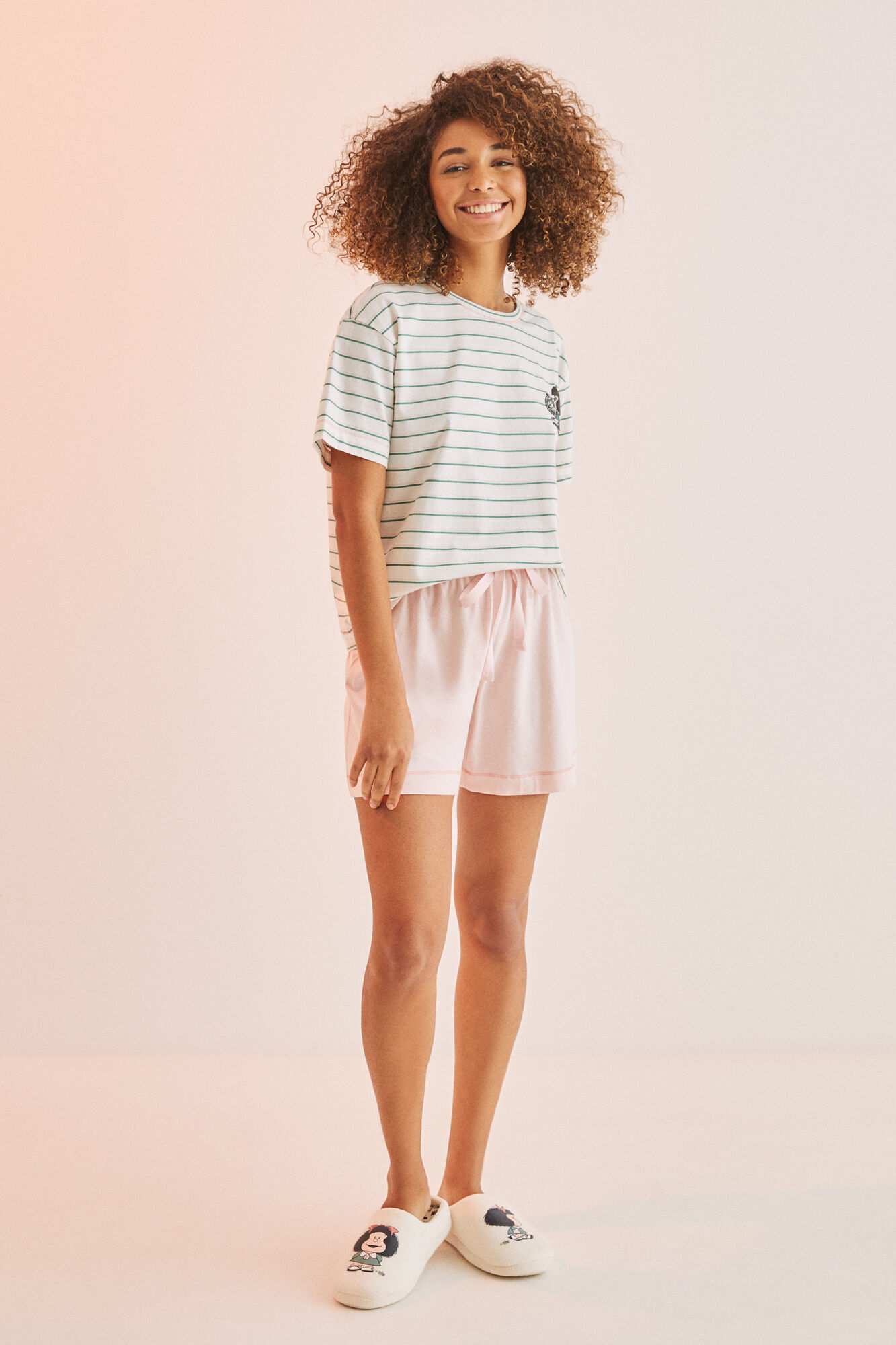 Pijama curto listrado rosa Mafalda - branco