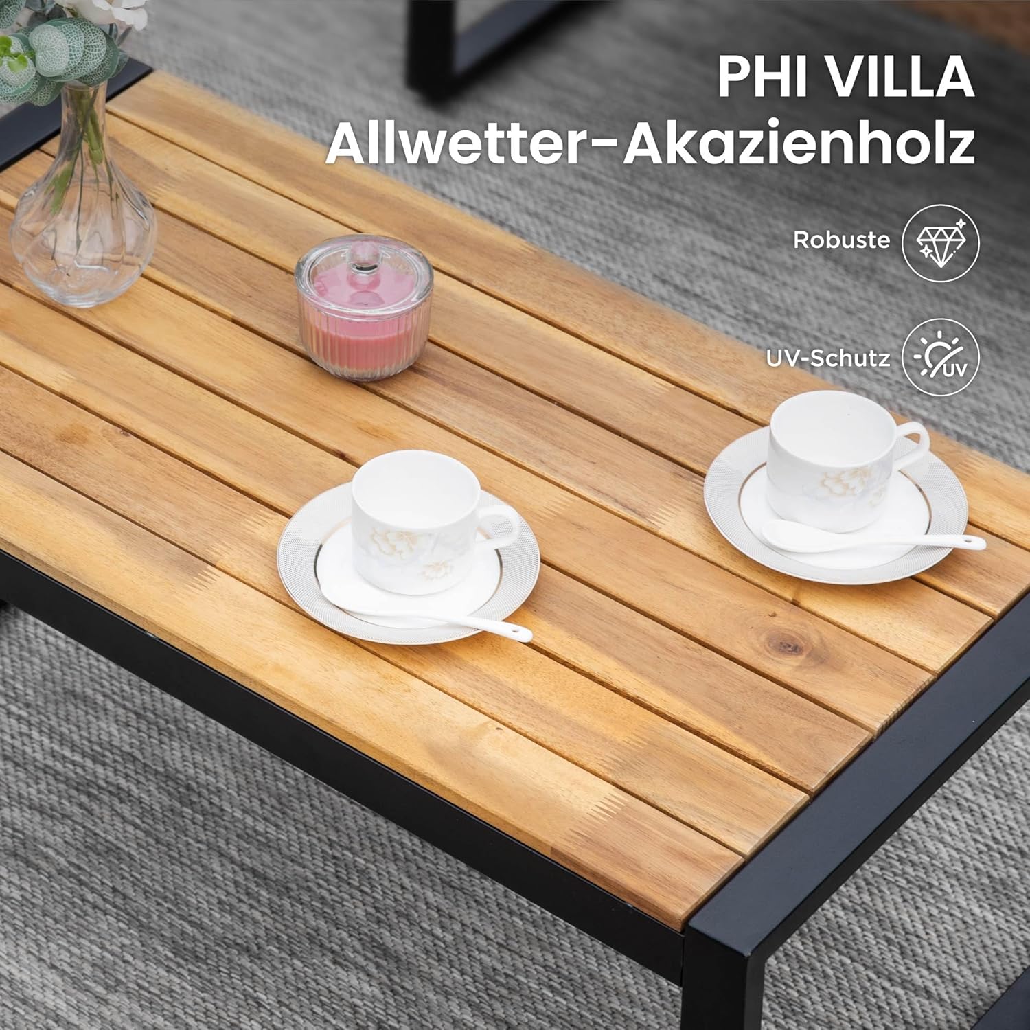 PHI VILLA Gartenmöbel Balkonmöbel Set mit 1 x 2-Sitzer Sofa, 2 x Sessel und 1 x Tisch, 4 Personen Outdoor Lounge Möbel Gartensofa. Wetterfest Rattan Balkon Lounge für Garten Terrasse, Beige & Braun