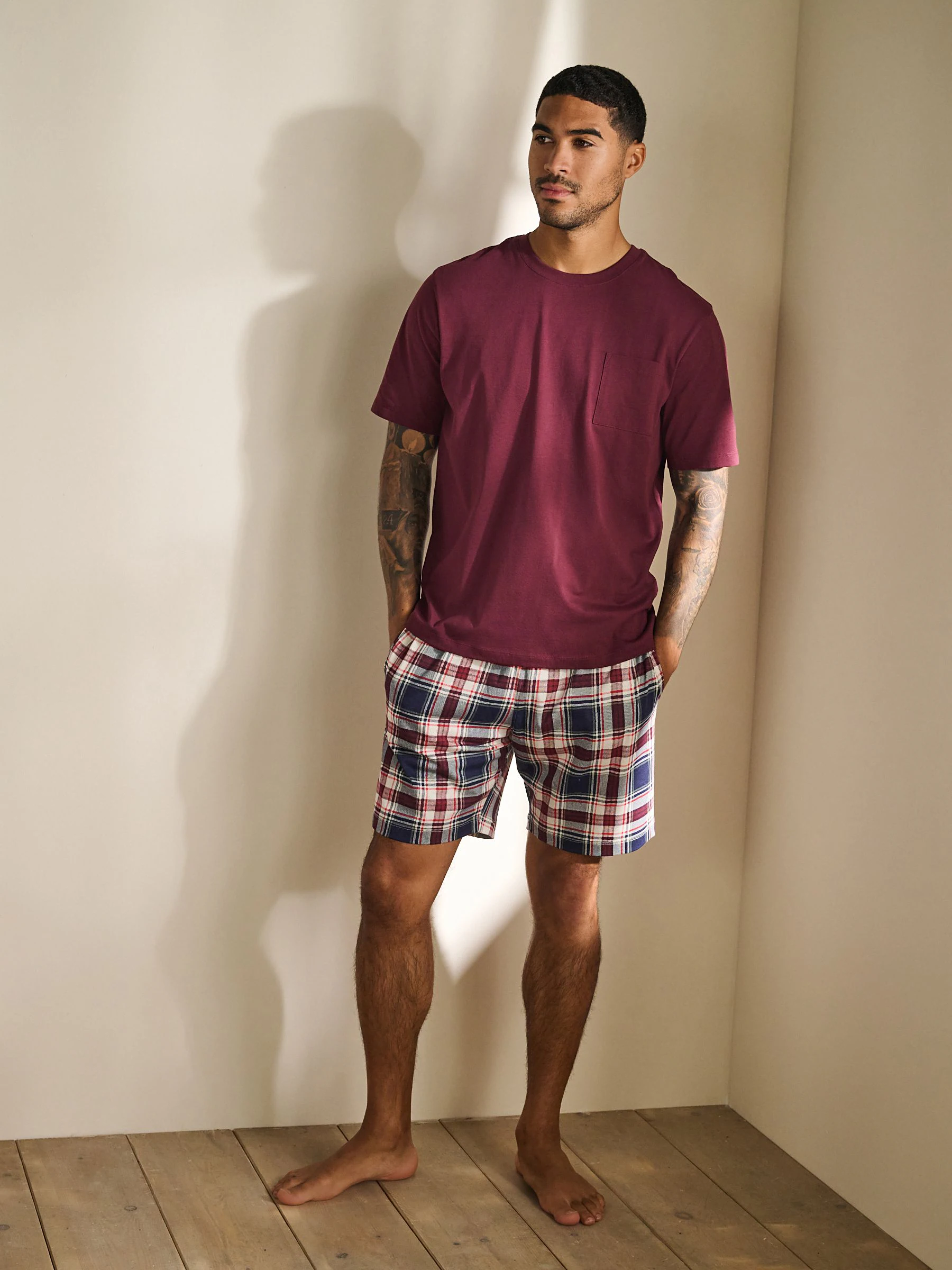 Rood/ecru - Geruite jersey korte pyjama's Set