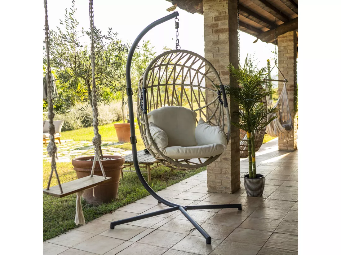 Rebecca Mobili Chaise à Bascule Chaise Suspendue Polyrattan Beige pour Extérieur Intérieur