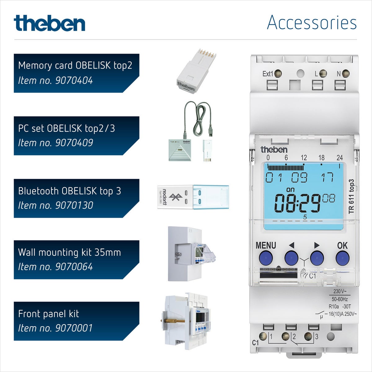 Theben 6110130 TR 611 top3 - Digitale 1-kanaals tijdschakelklok met externe ingang en app-programmering, perfect voor LED's, tijdschakelaars