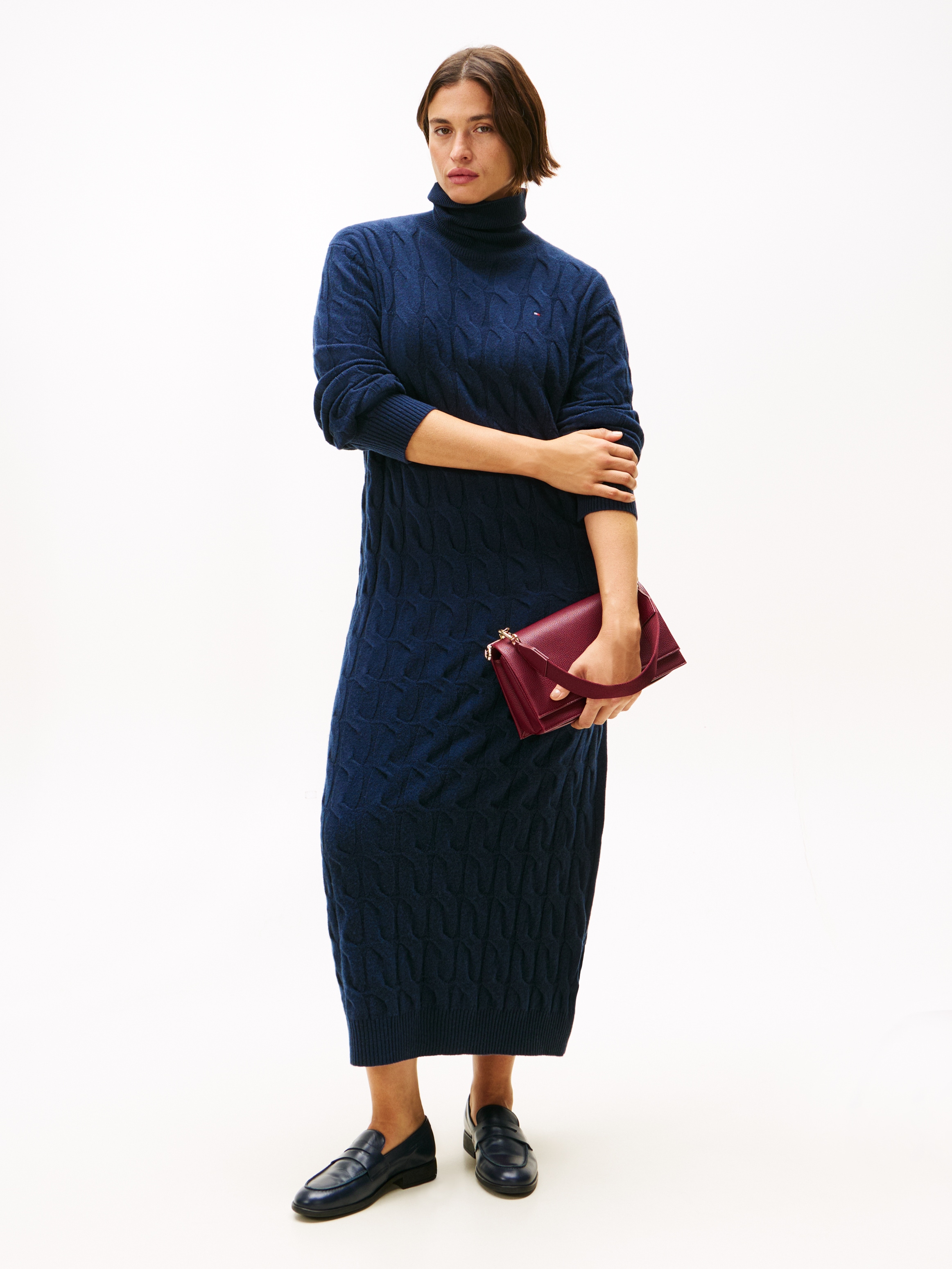Tommy Hilfiger Curve Strickkleid »CRV SOFT WOOL CABLE ROLL-NK DRS« in grossen Grössen, mit Zopfmuster, aus reiner Wolle