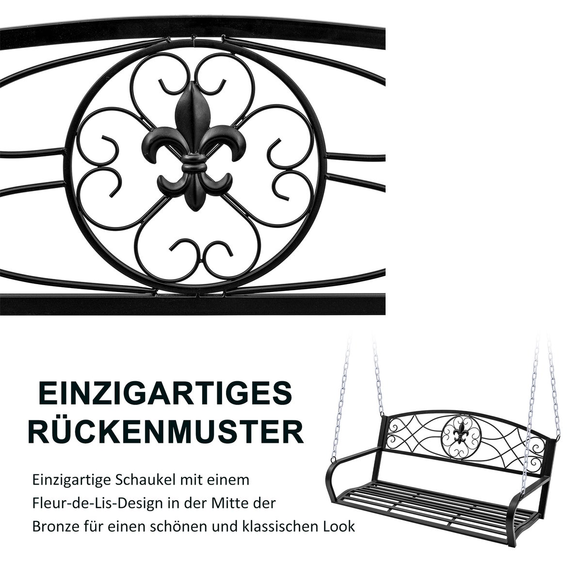 Outsunny Hollywood Swing, 2-zits tuinschommel met kettingen, 132 x 63 x 58 cm, metaal, zwart