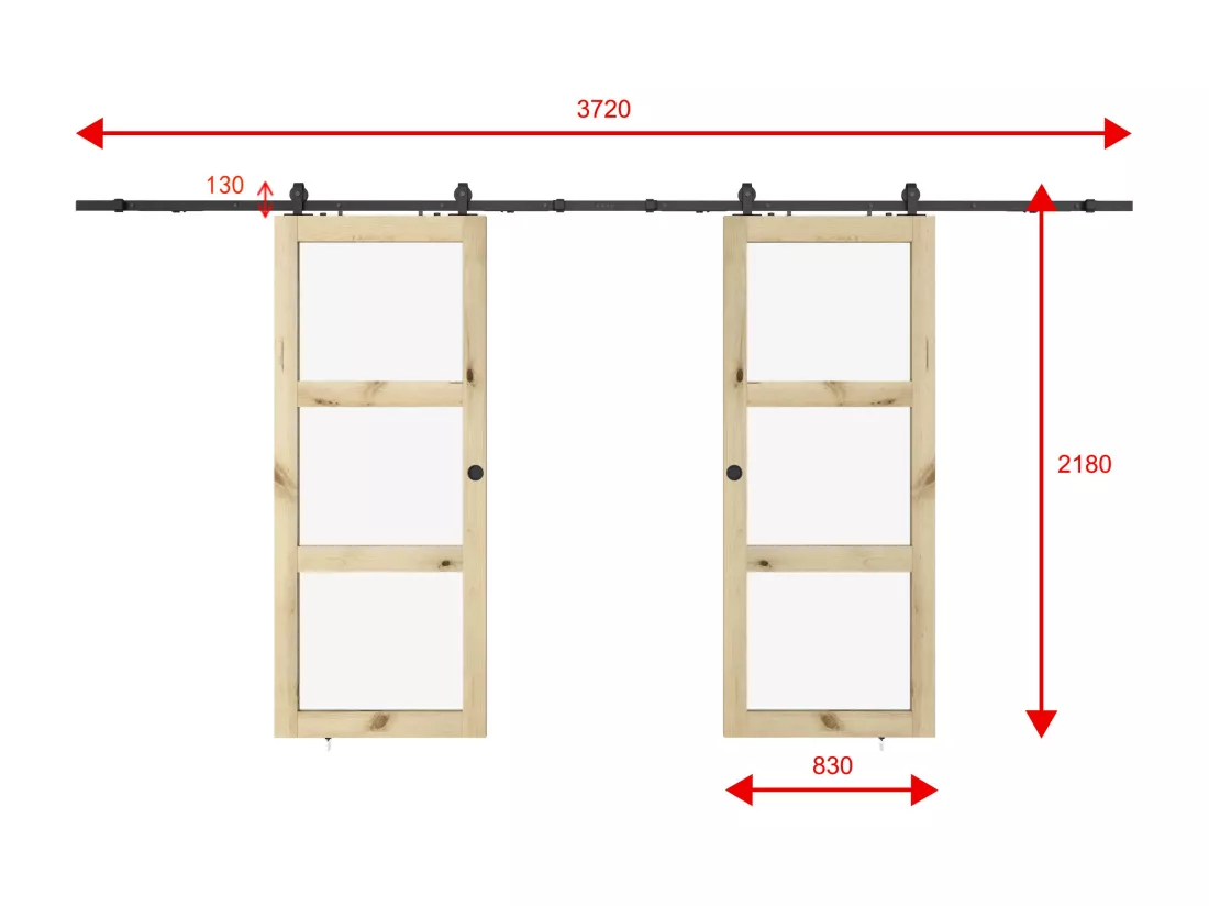 Porte coulissante double avec système en applique en bois et verre trempé dépoli - 3 fenêtres - 2 x H205 x L83 cm - ACOSTA II