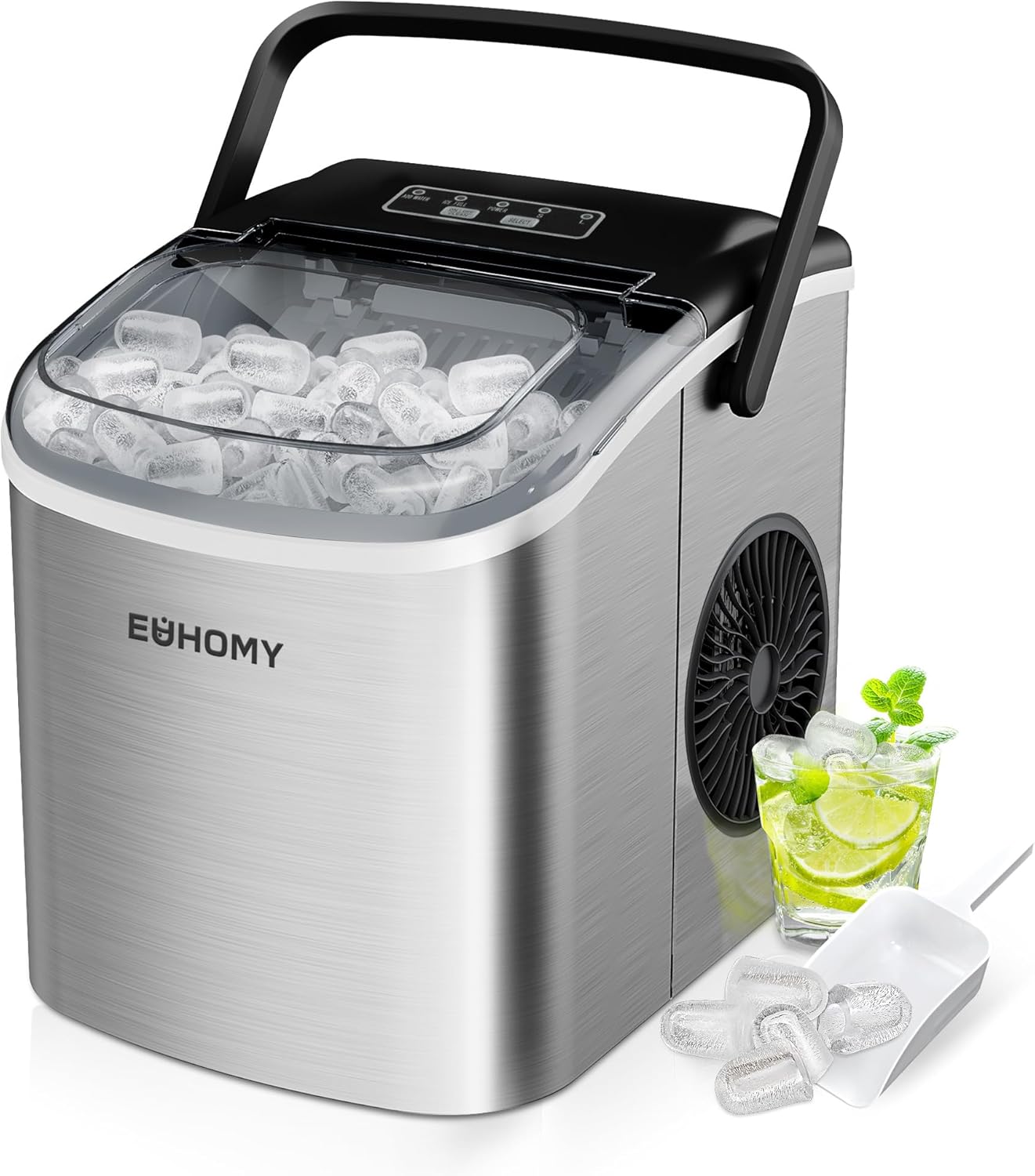 EUHOMY Eiswürfelmaschine Klein, 9 Eiswürfel in 6 Minuten, 12 kg/24H, Eiswürfelmaschine Edelstahl mit Tragbarem Griff, Selbstreinigender Kompakter Eiswürfelmaschinen für Zuhause/Küche/Büro/Bar