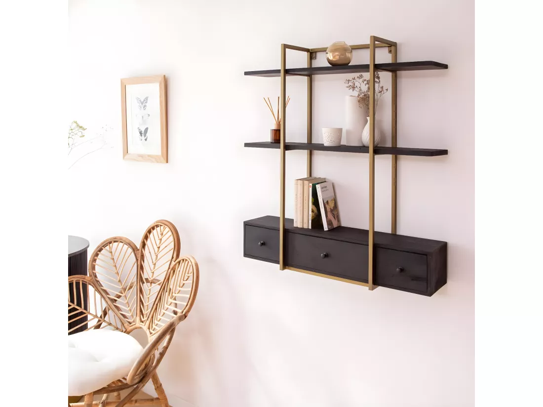 Etagère en bois de manguier et métal doré Manon