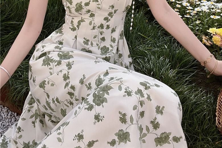 Nebbia - Midi-jurk met spaghettibandjes en imitatieparelprint en bloemenprint