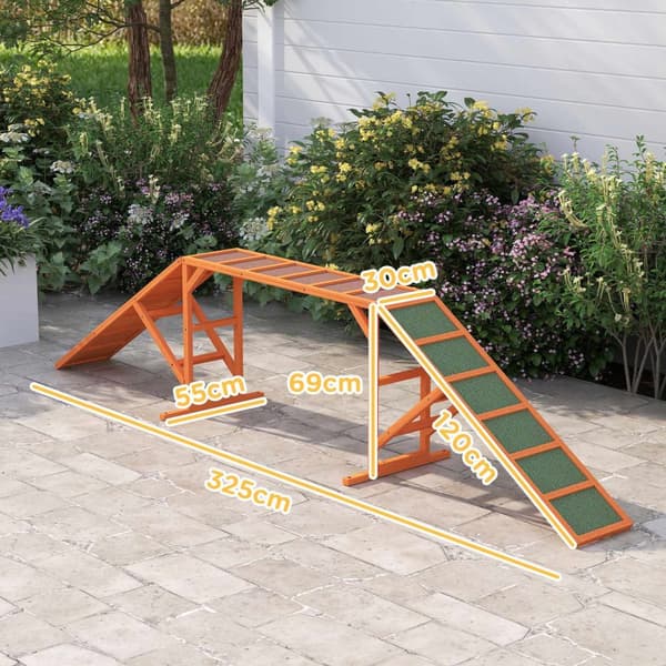 Dog Agility Bridge Agility-utstyr for hunder med sikkerhetsstang, sklisikre overflateagility-enhet for hage, 325 x 55 x 69 cm, oransje