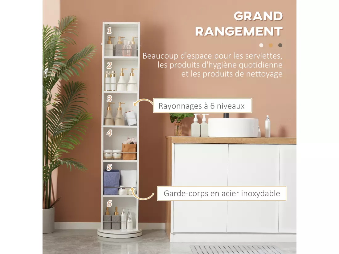 Meuble colonne de salle de bain pivotant avec miroir - 6 étagères - 36L x 36l x 171H cm - blanc