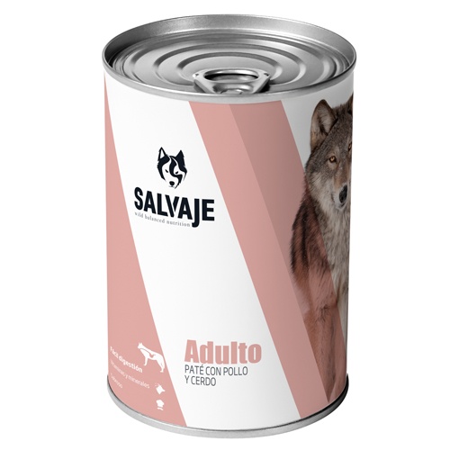 Frango e porco selvagens adultos em patê enlatado para cães.