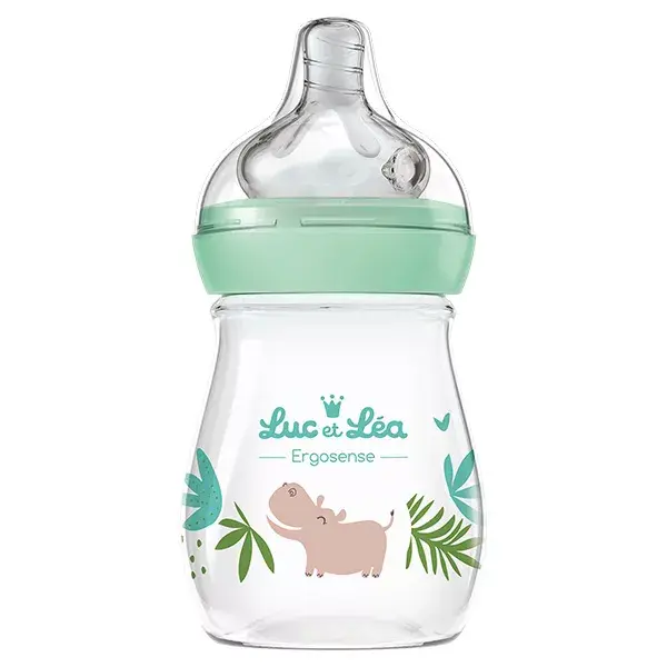 Mamadeira de plástico Luc and Léa Green com estampa de hipopótamo, 150ml
