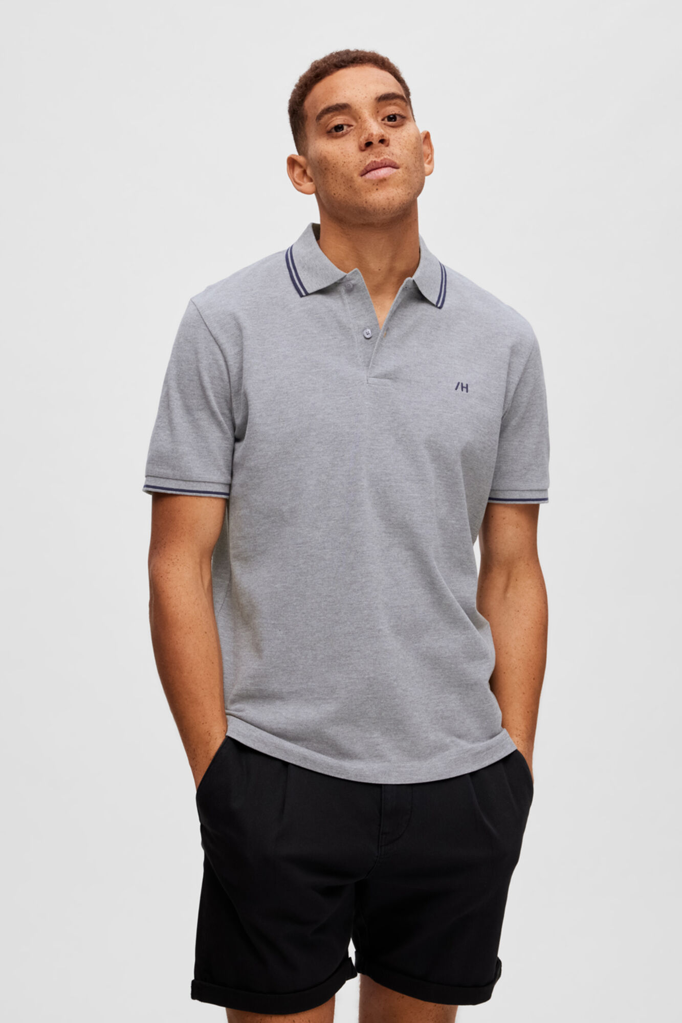 Camisa polo 100% algodão orgânico com logotipo bordado - Cinza