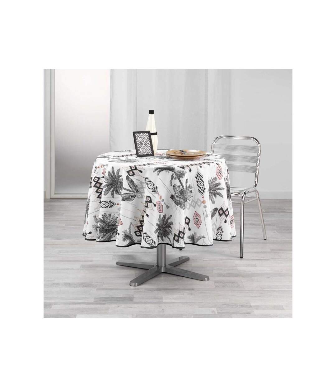Nappe Ronde Imprimée Cocoty 180cm Blanc & Gris