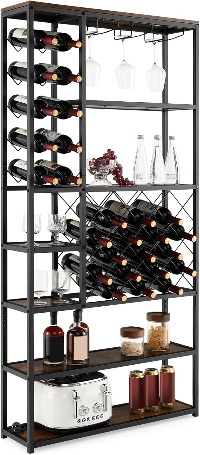 COSTWAY Weinregal für 27 Flaschen, Flaschenregal mit Glashaltern, Barschrank Industrial, Mehrzweckregal aus Metall, 81 x 23 x 166 cm, schwarz