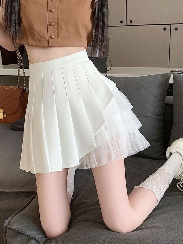 Horrysonie - Hoge taille geplooide mini A-lijn rok met effen mesh-paneel