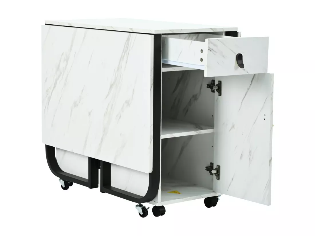 Table à manger extensible et pliable, avec roulettes, 1 porte et 1 tiroir, MDF laqué blanc, 150x80x76cm