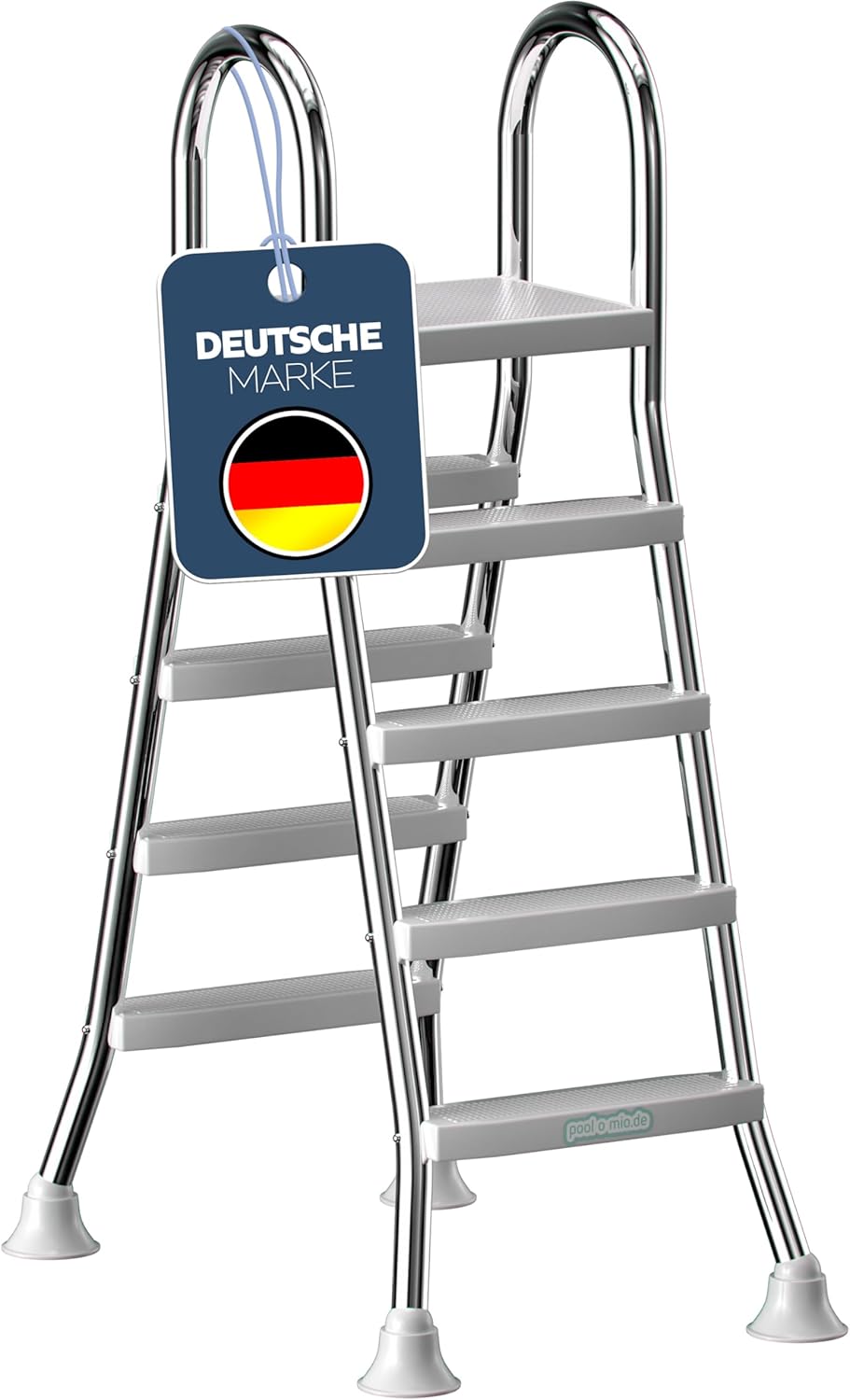 poolomio® Poolleiter Edelstahl mit Handlauf bis 132 cm | Einstiegsleiter mit 4 Stufen für Aufstellpools bis 1,32 m Höhe | sicherer Einstieg, langlebig, stabil | Sicherheitsleiter Traglast 150 kg