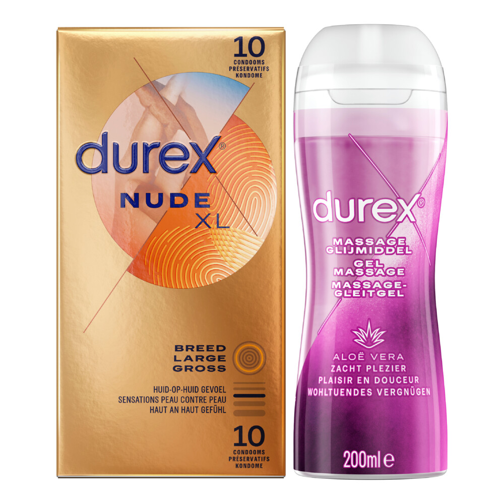 Durex - Nude XL Condooms 10 stuks & Play Massage Gel 2 in 1 Aloë Vera 200 ml - Pakket