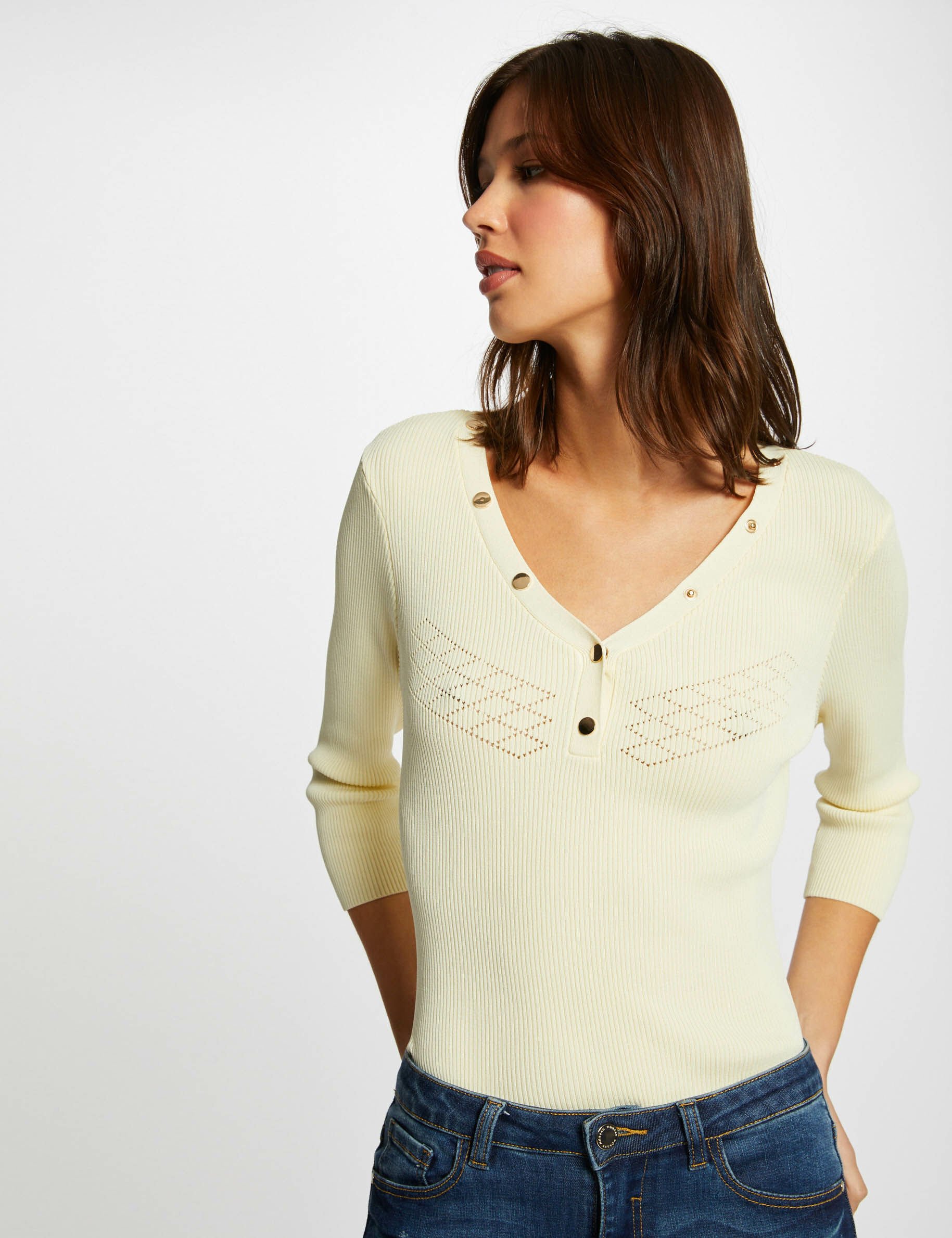 Pull manches 3/4 avec boutons jaune paille femme - jaune_paille