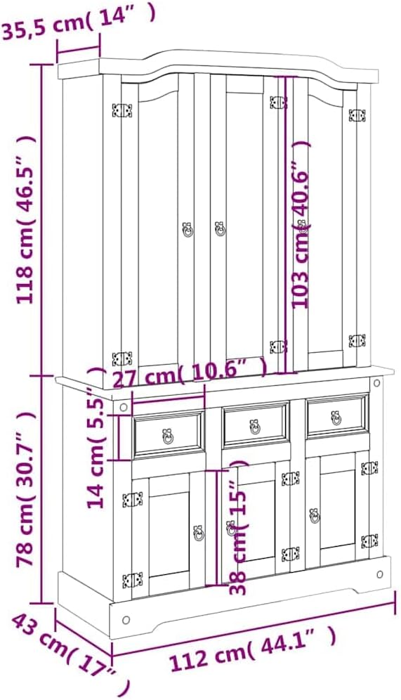 vidaXL Massivholz Highboard Anrichte Wohnzimmerschrank Vitrinenschrank Buffetschrank Landhaus Corona 112x43x196 Weiß Mexikanische Kiefer