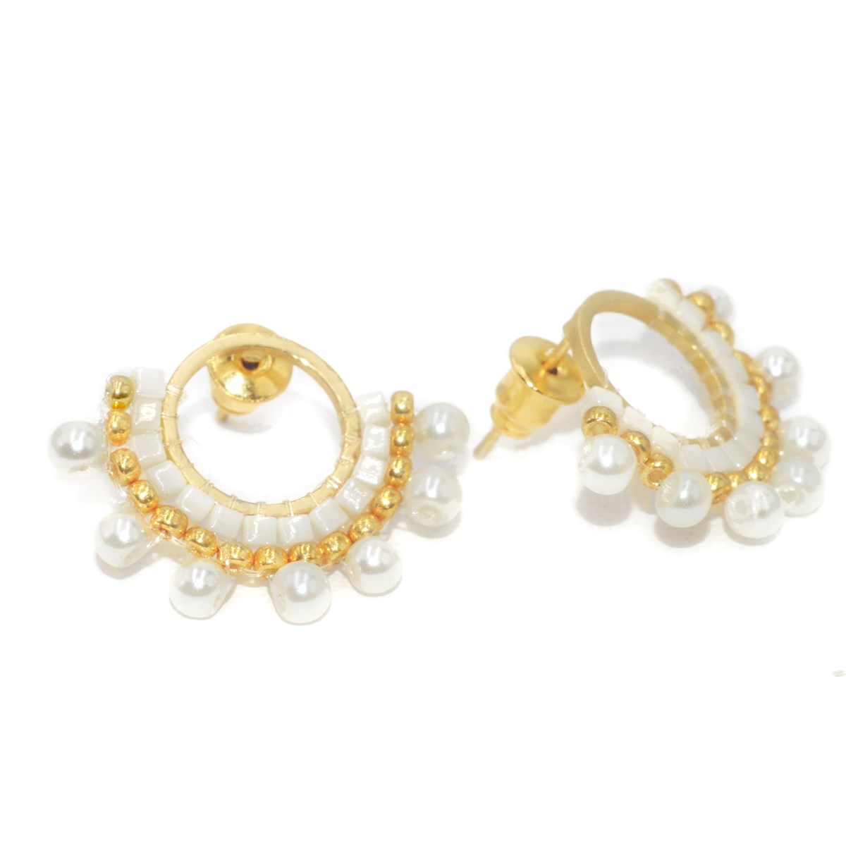 Boucles d'oreilles puces perles tisssées mains miyuki/nacre-Doré à l'or fin