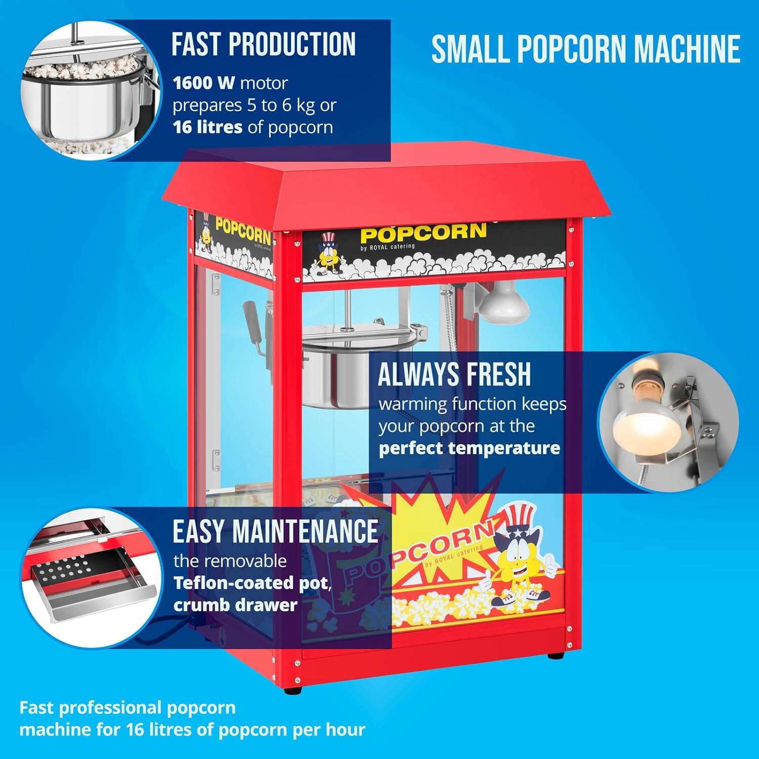Royal Catering Popcornmaschine Retro-Design in Rot 1500 W 5 kg/h beleuchteter Innenraum Wärmefunktion entnehmbarer Topf mit Antihaftbeschichtung Krümelschublade Popcornmaker Popcornautomat